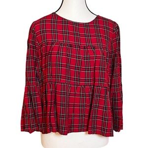 Madewell Plaid Tiered Button Back Top H3271 Red Size Small 3/4 Sleeve Christmas